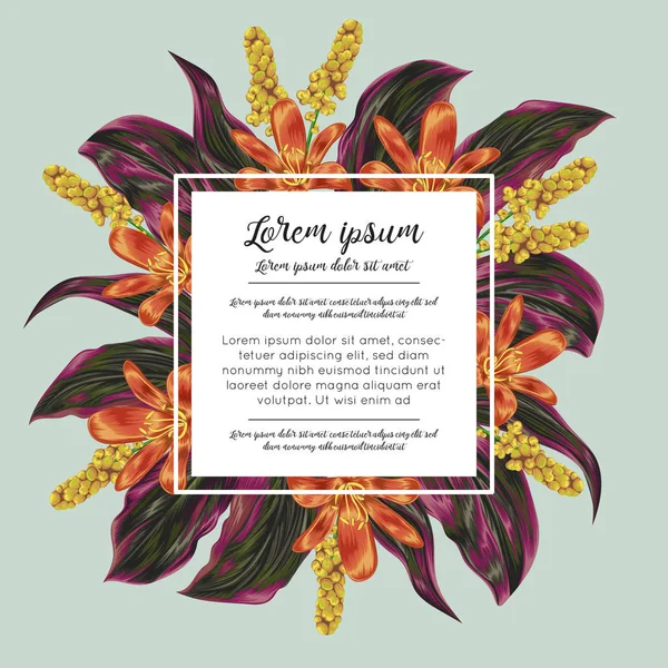 Borda floral com flores tropicais, bagas e folhas. Design para banner, cartaz, cartão, convite e scrapbook. Ilustração vetorial botânica em estilo aquarela —  Vetores de Stock