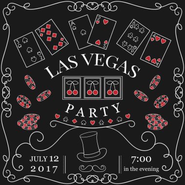 Las Vegas parti davet dekoratif elemanları ile kara tahta üzerinde. Vintage vektör çizim