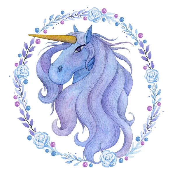 Unicornio acuarela con corona floral sobre fondo blanco. Ilustración dibujada a mano vintage —  Fotos de Stock