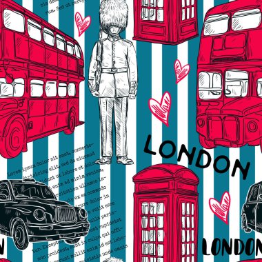 Londra Simgesel Yapı sembolleri çizgili arka plan üzerinde ile Seamless modeli. Vintage elle çizilmiş vektör çizim kroki tarzı.