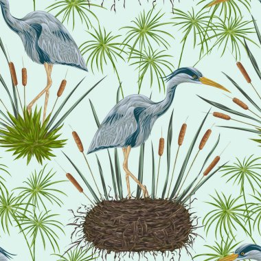 Balıkçıl kuş ile Seamless Modeli iç içe ve bitkiler bataklık. Bataklık flora ve fauna. İzole öğeleri Vintage çizilmiş vektör çizim suluboya tarzında el