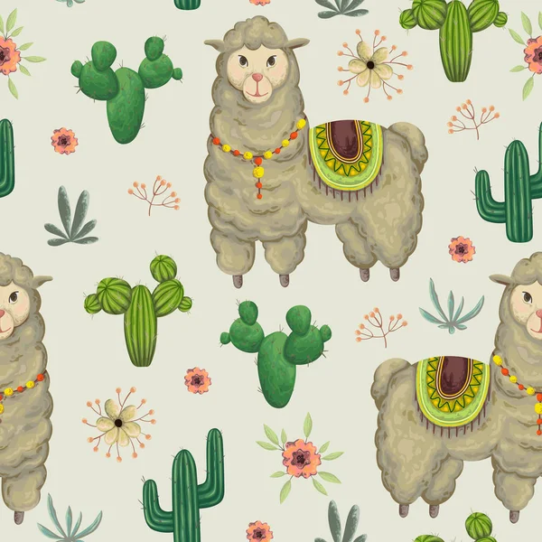 Patrón sin costuras con lama animal, cactus y elementos florales. Ilustración vectorial dibujada a mano en estilo acuarela . — Vector de stock
