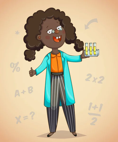 Afrikansk flicka vetenskapsman. Seriefiguren. Vektorillustration — Stock vektor