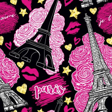 Paris. Vintage seamless modeli ile Eyfel Kulesi, gül, öpüyor, kalpleri ve altın parlak yıldızlarla doku folyo. Vektör çizim.