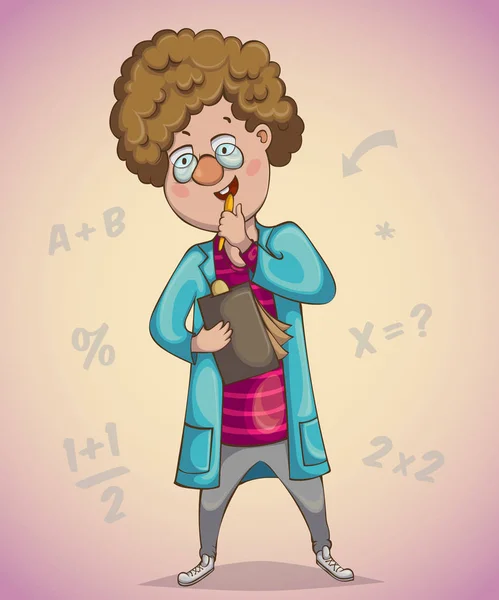 Boy científico toma notas. Personaje de dibujos animados. Ilustración vectorial — Vector de stock