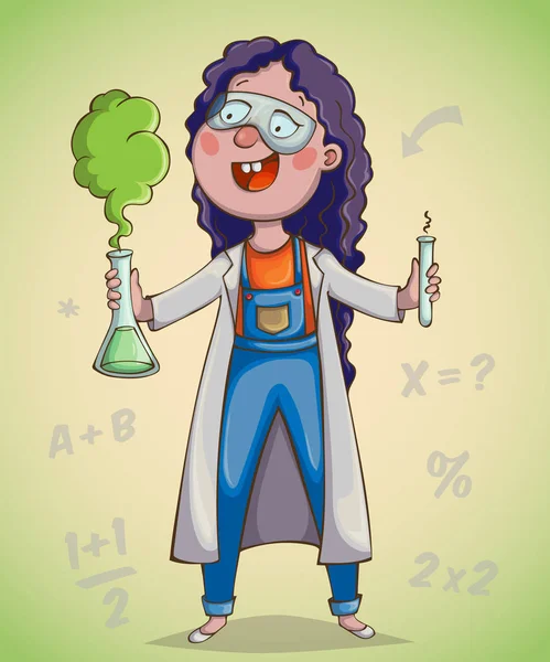 Девушка-ученый взволнована открытием. Персонаж мультфильма. Векторная иллюстрация — стоковый вектор