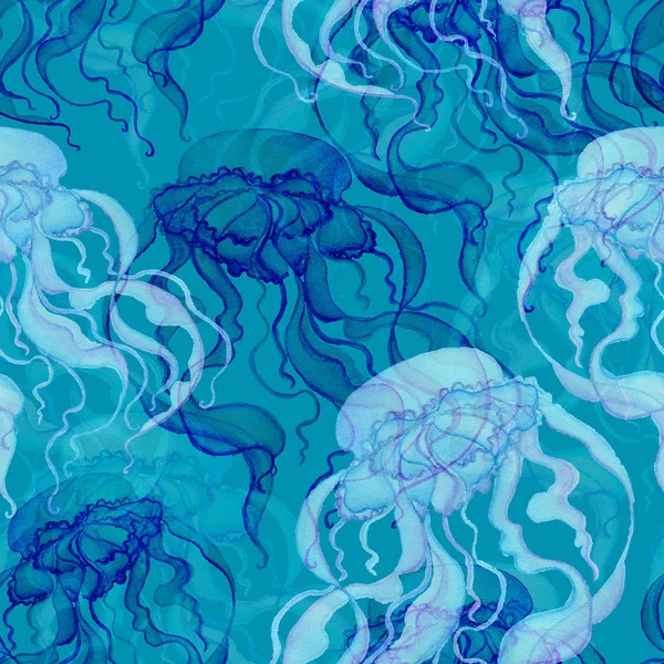 Mavi zemin üzerine suluboya denizanası ile Seamless modeli. Elle çizilmiş illüstrasyon — Stok fotoğraf