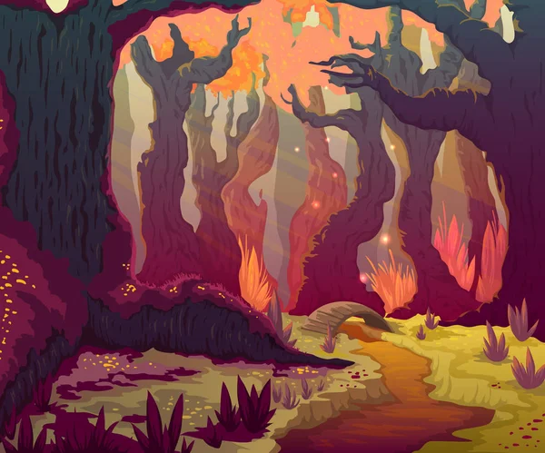 Sonbahar orman manzara ağaçlar, nehir ve köprü ile. Çizgi film fairytale sahne arka plan. Vektör çizim.