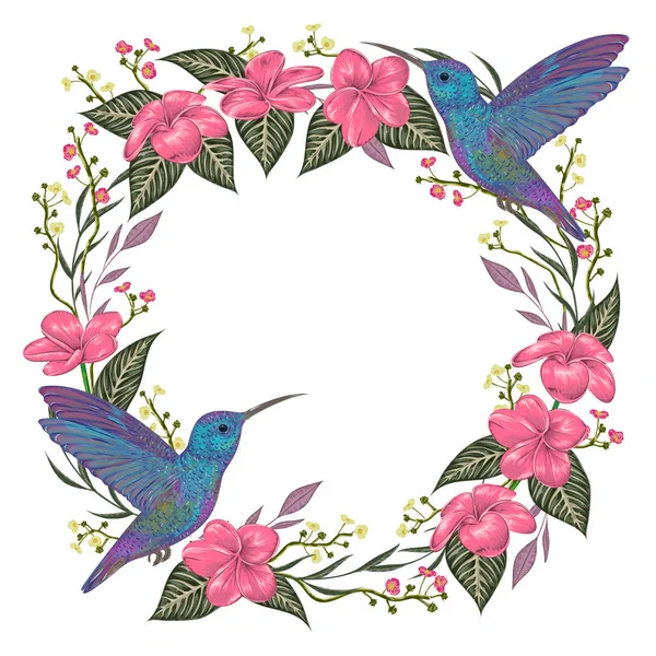 Corona con colibrí, flores tropicales y hojas. Flora y fauna exóticas. Ilustración vectorial dibujada a mano vintage en estilo acuarela — Vector de stock