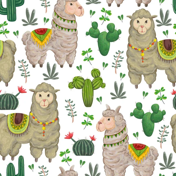 Wzór z Lamy zwierząt, kaktusy i kwiatowy elementy. Ręcznie rysowane ilustracji wektorowych w stylu przypominającym akwarele. — Wektor stockowy