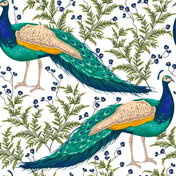 Patrón sin costuras con pavo real, flores y hojas. Ilustración vectorial dibujada a mano vintage en estilo acuarela — Archivo Imágenes Vectoriales