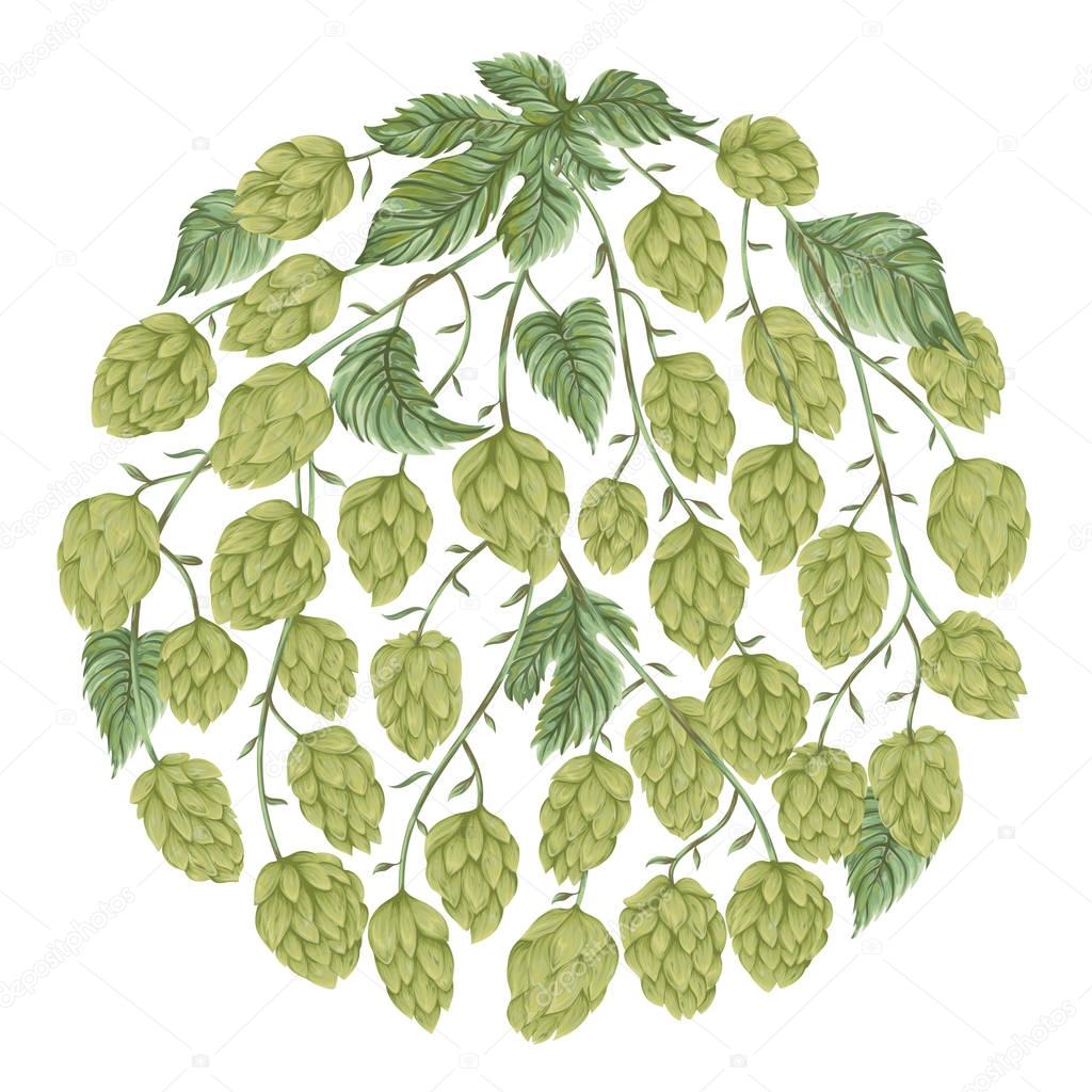 Circle banner with hop cones, leaves and branches. Isolated elements. Vintage hand drawn illustration in watercolor style.