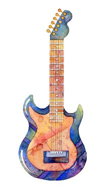 Beyaz zemin üzerine suluboya elektro gitar. Soyut el çizilen illüstrasyon