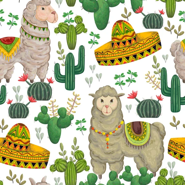 Seamless pattern with llama animal, sombrero, cacti and floral elements. Hand drawn vector illustration in watercolor style. — Stock Vector