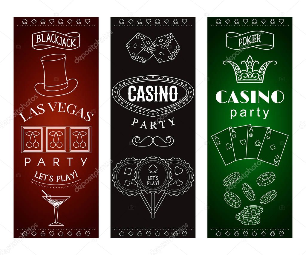 Casino party invitation with decorative elements. Gambling symbols. Vintage vector illustration