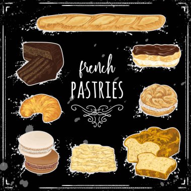 Kara tahta üzerinde Fransız hamur işleri koleksiyon... Börek, kurabiye, kruvasan, baget, eklerleri, paris brest, ganache, Napolyon kek. İzole öğeleri. Vektör çizim suluboya tarzında