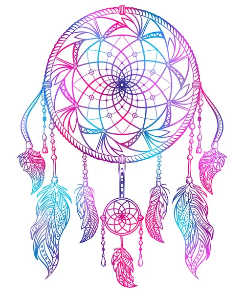 Kleurrijke dream catcher met ornament en veren. Ontwerpconcept voor banner, kaart, t-shirt, print, poster. Vintage hand getrokken vectorillustratie — Stockvector