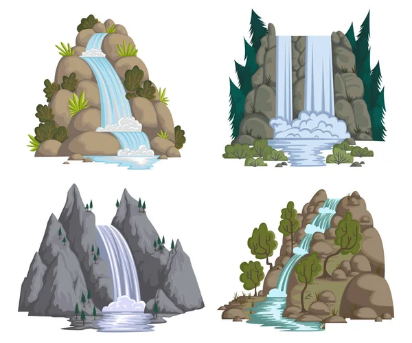 Водопады установлены. Карикатурные пейзажи с горами и деревьями. Векторная иллюстрация — стоковый вектор