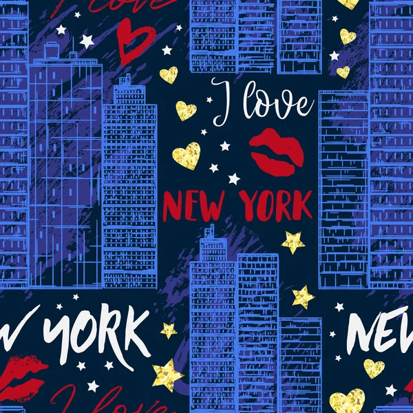 Нью-Йорк. Бесшовный рисунок с небоскребами, поцелуями, сердцами и звёздами с текстурой из золотой фольги. Векторная иллюстрация — стоковый вектор