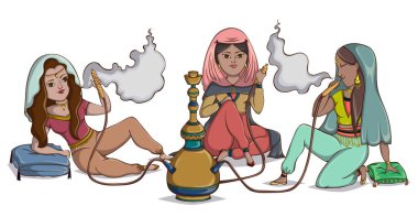 Arap kadınları nargile sigara. Çizgi film karakterleri. Vektör çizim