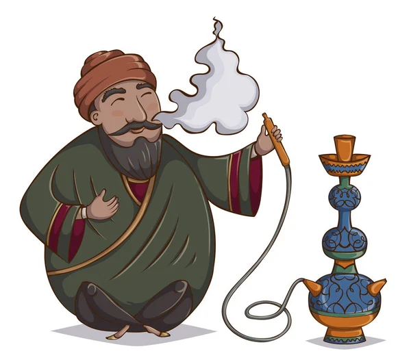 Arab man smoke hookah. Cartoon character. Vector illustration — Stock Vector