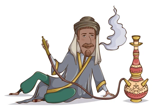 Ναργιλές καπνού Αραβικά άνθρωπος. Χαρακτήρα κινουμένων σχεδίων. Εικονογράφηση διάνυσμα — Διανυσματικό Αρχείο