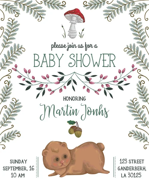 Baby shower inbjudan med Björn, svamp, blommor, blad, ormbunke och ekollon. Söta tecknade figur. Hand dras vektorillustration i akvarell stil — Stock vektor