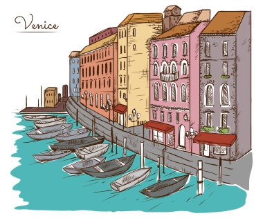 Venedik. Cityscape, kanal ve tekneler ile. Vintage vektör çizim kroki tarzı