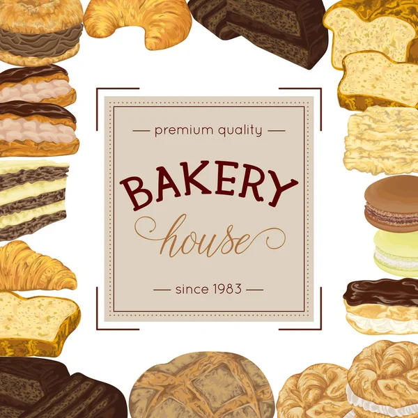Poster da forno con collezione di pane e dolci. Elementi isolati. Illustrazione vettoriale disegnata a mano in stile acquerello — Vettoriale Stock