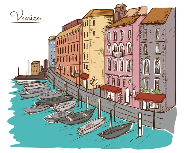 Venedig. Stadtbild mit Häusern, Kanal und Booten. Vintage-Vektor-Illustration im Skizzenstil — Stockvektor