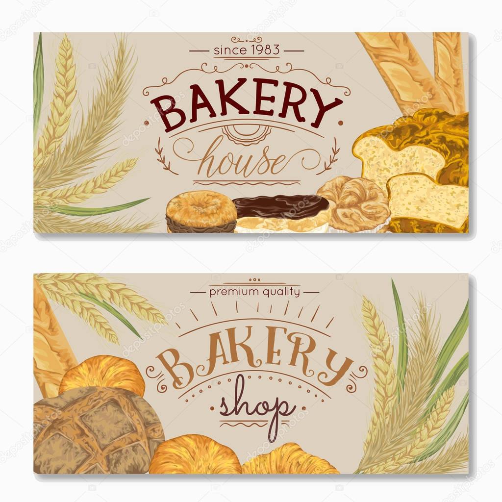 Bakery banners with bread, pastries and cereals. Isolated elements. Hand drawn vector illustration in watercolor style