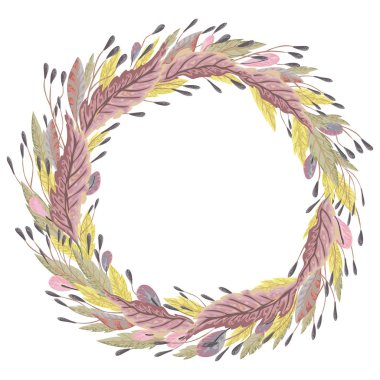 Çelenk fantezi bitkiler ve yaprakları. Davetiye, düğün veya tebrik kartları için dekoratif çiçek tasarım öğeleri. El vektör çizim suluboya tarzında çekilmiş.