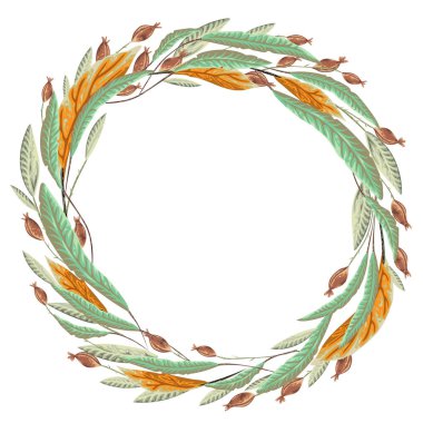 Çelenk fantezi bitkiler ve yaprakları. Davetiye, düğün veya tebrik kartları için dekoratif çiçek tasarım öğeleri. El vektör çizim suluboya tarzında çekilmiş.