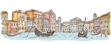 Venedik. Cityscape, kanal ve tekneler ile. Vintage vektör çizim kroki tarzı