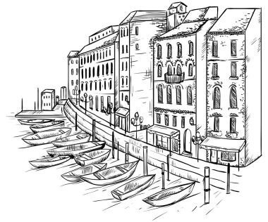 Venedik. Cityscape, kanal ve tekneler ile. Vintage vektör çizim kroki tarzı