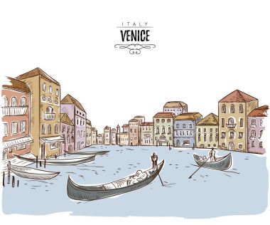 Venedik. Cityscape, kanal ve tekneler ile. Vintage vektör çizim kroki tarzı