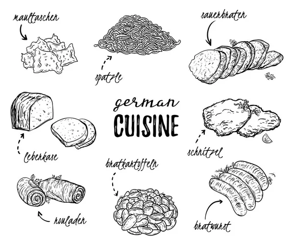 Duitse keuken. Collectie van heerlijk eten. Geïsoleerde elementen. Conceptontwerp voor decoratie restaurants, menu. Vintage hand getrokken vectorillustratie — Stockvector