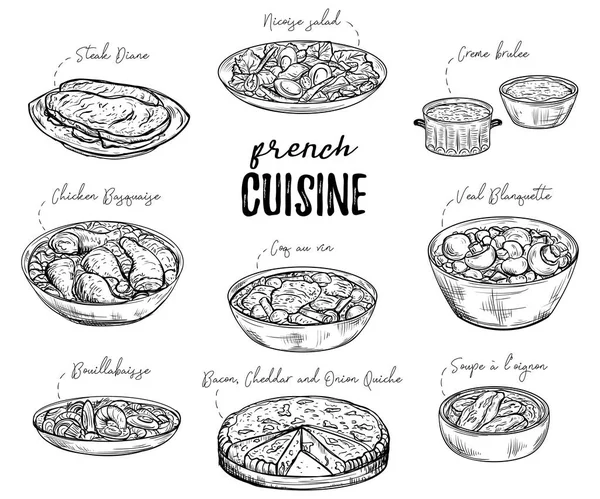 French cuisine. Collection of delicious food. Isolated elements. Concept design for decoration restaurants, menu. Vintage hand drawn vector illustration — Stock Vector
