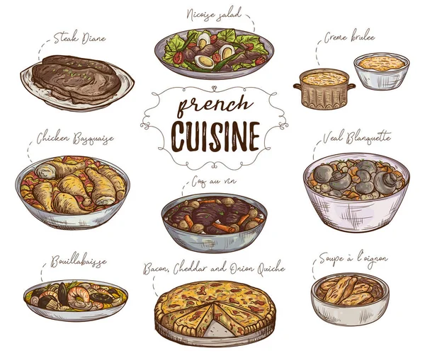 Cozinha francesa. Coleção de comida deliciosa. Elementos isolados. Concepção de design para restaurantes de decoração, menu. Vintage mão desenhada ilustração vetorial — Vetor de Stock