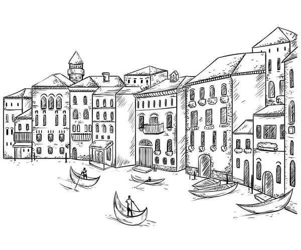 Velence. Városképet gazdagító épületnek szánták a házak, a csatorna és a hajók. A vázlat stílus Vintage vektor illusztráció — Stock Vector