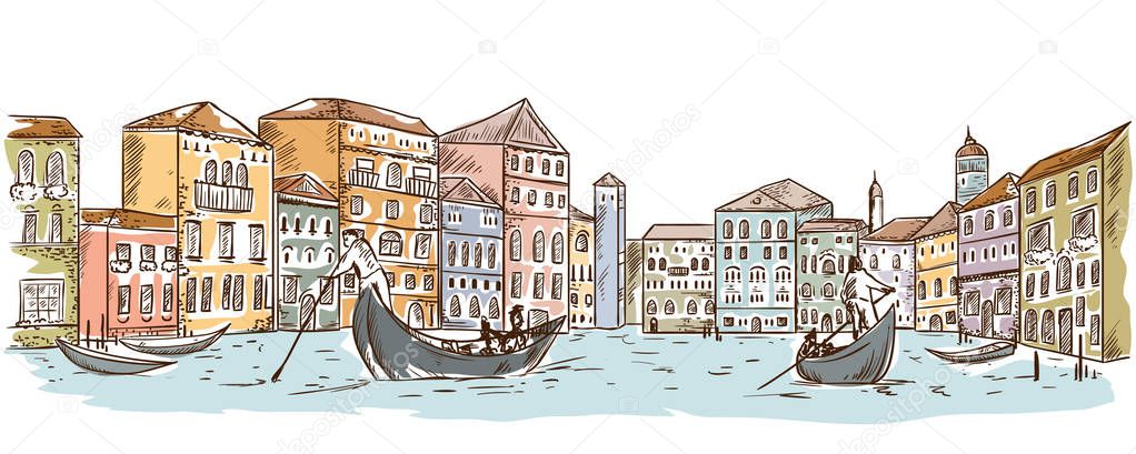 Venice. Cityscape with houses, canal and boats. Vintage vector illustration in sketch style