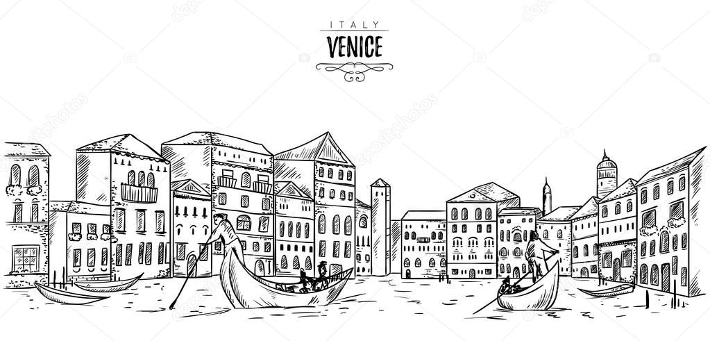 Venice. Cityscape with houses, canal and boats. Vintage vector illustration in sketch style