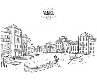 Venedik. Cityscape, kanal ve tekneler ile. Vintage vektör çizim kroki tarzı
