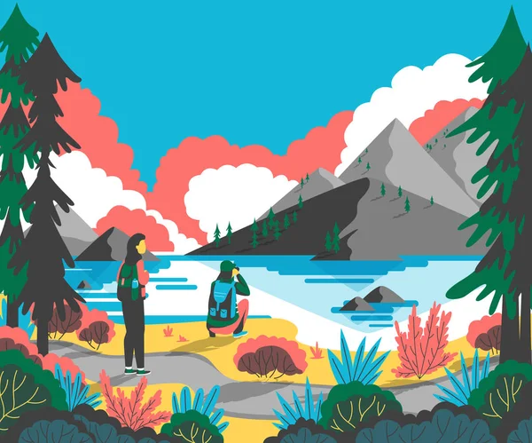 Couple backpackers hiking in mountain landscape and enjoying valley view. Vector illustration — Stock Vector