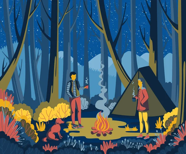 Pár táboření v lese se psem a stan. Muž a žena pít kávu u ohně v noci. Vektorové ilustrace — Stockový vektor