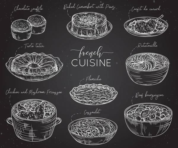 Franse keuken. Collectie van heerlijk eten op het schoolbord. Geïsoleerde elementen. Conceptontwerp voor decoratie restaurants, menu. Vintage hand getrokken vectorillustratie — Stockvector