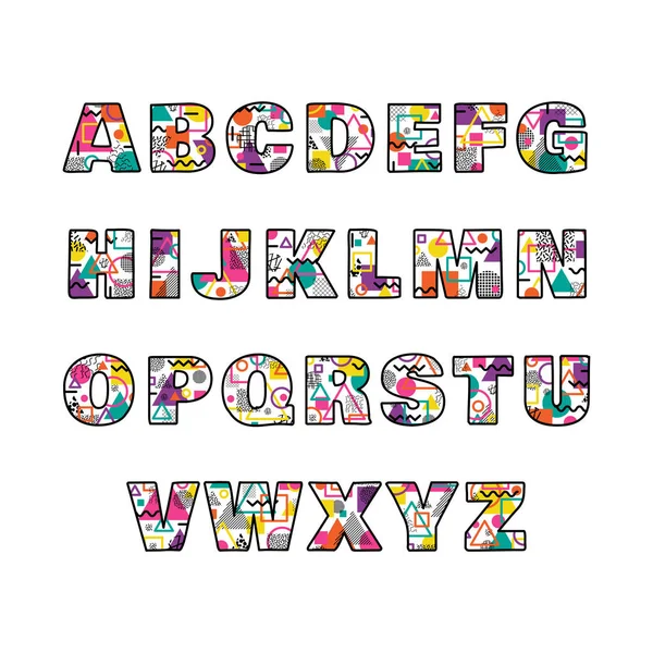 Hoofdletter alfabet in memphis stijl. Kleurrijke decoratieve geometrisch lettertype. Vectorillustratie. — Stockvector