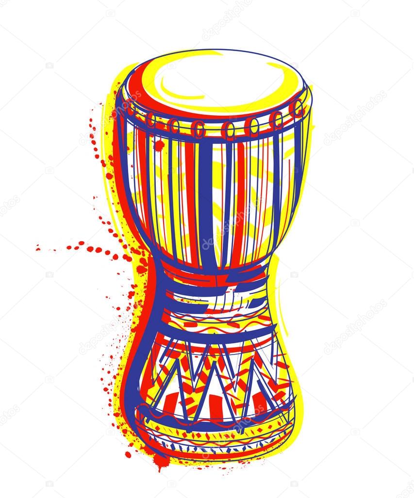 Bongo drum with splashes in watercolor style. Colorful hand drawn vector illustration