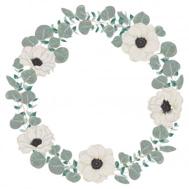 Çelenk beyaz anemon çiçeği çiçek ve okaliptüs. Kış çiçek tasarım düğün davetiyesi, Kaydet tarihi bildirimi kartı, afiş, poster için. Suluboya tarzında vintage elle çizilmiş vektör çizim