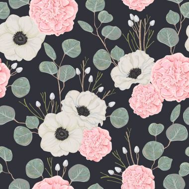 Seamless modeli pembe kamelya, beyaz anemon çiçeği çiçek ve okaliptüs. Kış çiçek tasarım için düğün davetiyesi, duvar kağıdı, baskı. Suluboya tarzında vintage elle çizilmiş vektör çizim